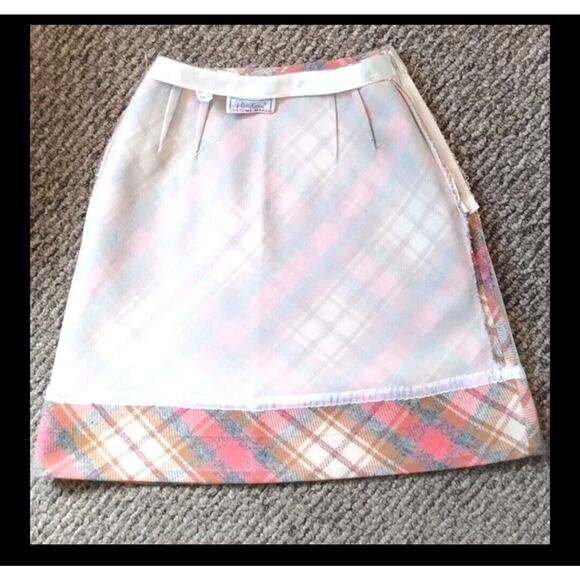 Vintage 1970's Deadstock Pink Peach Cream Tan Plaid Wool Preppy Pencil Skirt 7 - Picture 6 of 10